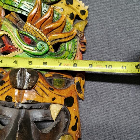 Mexican Folk Art Hand Carved Wooden Mayan Mask - Picture 8 of 9